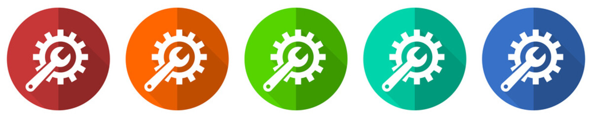 Aufkleber - Repair, industry, service concept icon set, red, blue, green and orange flat design web buttons isolated on white background, vector illustration