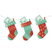 Christmas Socks Stuffed With Money (dollars Banknotes). Idea - New Year, Christmas And New Successful Profitable Business Year, Good Wishes, Luck, Win, Big Profit, Future Investments Results Etc.