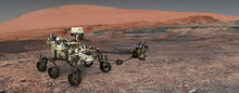 Mars. The Perseverance Rover Deploys Its Equipment Against The Backdrop Of A True Martian Landscape. Exploring Mission To Mars. Colony On Mars. Elements Of This Video Furnished By NASA.