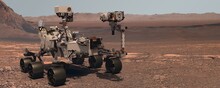 Mars. The Perseverance Rover Deploys Its Equipment Against The Backdrop Of A True Martian Landscape. Exploring Mission To Mars. Colony On Mars. Elements Of This Video Furnished By NASA. 3d Rendering.