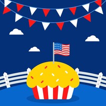 Celebrate Independence Day With Apple Pie Cup Cake With Clouds, Flag, And Decoration Banners Vectors Illustration In Flat Style,
