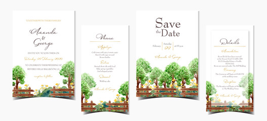 Wall Mural - Set of wedding invitation card with summer trees and flowers