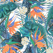Watercolor painting seamless pattern with chameleon and colibri birds, tropical flowers, leaves