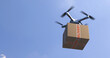Drone parcel delivery service. Quadcopter carrying urgent shipment box. 3d rendering