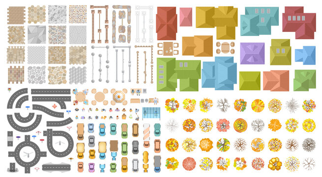 Vector set. Autumn city landscape. Top view. Sidewalk, fence, houses, road, cars, people, trees. View from above. 