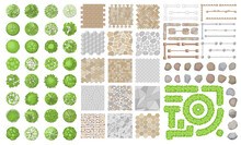 Set Of Park Elements. (Top View) Collection For Landscape Design, Plan, Maps. (View From Above) Fences, Pavements, Stones, Trees.