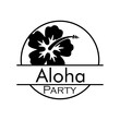 © teracreonte - Concepto invitación a fiesta luau. Logotipo lineal con texto Aloha Party en círculo con flor de hibisco en color negro