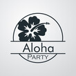 © teracreonte - Concepto invitación a fiesta luau. Logotipo lineal con texto Aloha Party en círculo con flor de hibisco en fondo gris
