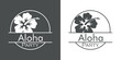 © teracreonte - Concepto invitación a fiesta luau. Logotipo lineal con texto Aloha Party en círculo con flor de hibisco en fondo gris y fondo blanco