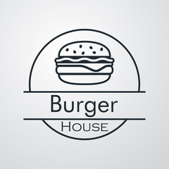 Poster - Concepto comida rápida. Logotipo lineal con texto Burger House en círculo con hamburguesa en fondo gris