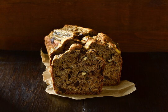Banana bread with walnut and chocolate, copy space
