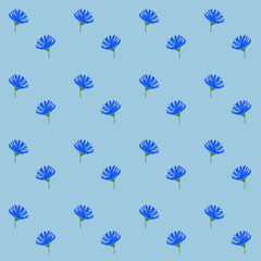 Wall Mural - Blue small flowers of chicory and cornflowers are drawn in gouache. Simple seamless floral pattern. Fashionable Milflers. Elegant template for fashionable prints, textiles, wallpapers, patterns, cover