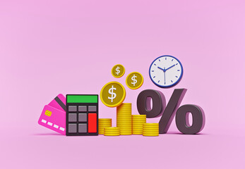 Fototapete - cartoon style design. coins, calculator and percentage icon. business Investments, money savings, budget management and financial profit concept. 3d rendering