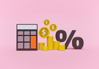 Fototapete - cartoon style design. coins, calculator and percentage icon. business Investments, money savings, budget management and financial profit concept. 3d rendering