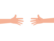 Two Arms Reaching Out For Each Other. Helping Hand, Support Concept. Two Wide Open Palms Stretching To Touch. Greeting Gesture Handshake. White Background, Copy Space. Vector Illustration, Clip Art