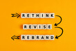 © Cagkan - Business branding concept of rethink revise and rebrand words on wooden cubes with process arrows