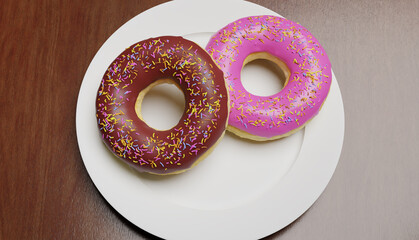 unhealthy but tempting sugary dessert - two yummy and delicious donuts with colored sprinkles one chocolate and one pink icing on white plate - calories and sugar abuse