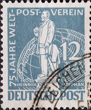 GERMANY, Berlin - CIRCA 1949: A Postage Stamp From Germany, Berlin In Gree Color Showing The Postmaster Heinrich Von Stephan Text: 75 Years Of World Post Association