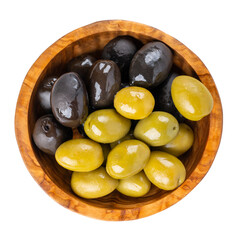 Wall Mural - Green and black olives in wooden bowl isolated on white. Top view.