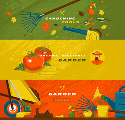 Wall Mural - Stock vector illustration of gardening hobby banner set with tools and vegetables