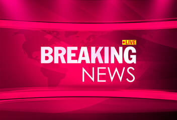 Poster - Breaking News Background Saver on breaking news stage. Breaking News live on red technology stage podium and world map pink