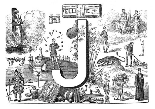 English alphabet J with mixed illustrations animals and decoration hand drawn ABC / Antique illustration from Petit Larousse 1914