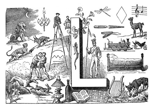 English alphabet L with mixed illustrations animals and decoration hand drawn ABC / Antique illustration from Petit Larousse 1914