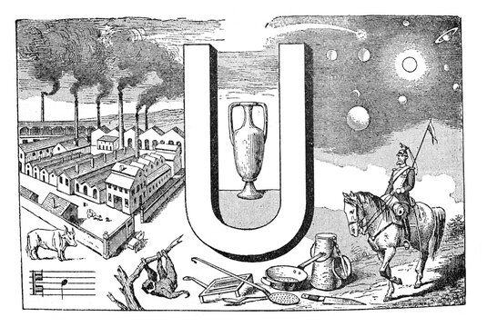 English alphabet U with mixed illustrations animals and decoration hand drawn ABC / Antique illustration from Petit Larousse 1914