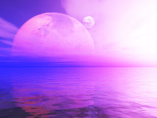 Wall Mural - 3d abstract surreal landscape with planets against ocean