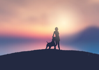 Wall Mural - Silhouette of a female and her dog against a sunset landscape