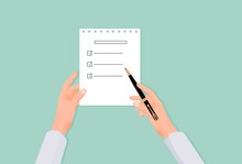 Hands Fill List In Questionnaire. Choosing Right Answer In Social Statistical Referendum Stylish Black Pen For Ticking Right Sentence Of Business Vector Presentation.