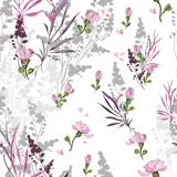 Fototapeta  - Delicate floral pattern with many varieties of elements on a white background. Seamless vector with silhouettes, and drawings of flowers, stems and leaves arranged randomly. For textile, wallpaper