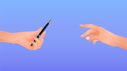 Poster - Hands pass each other pen. Help in writing resume message friendly communication helping hand in filling out contract art of vector correspondence.