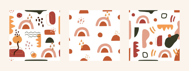 Contemporary seamless pattern set. Hand drawn minimal cover design. Abstract geometric texture. Paper cut doodle objects. Social media background. Organic shapes in pastel colors. Vector illustration