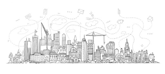 Poster - Big modern City illustration with office buildings, skyscrapers and communication icons. Business concept illustration 