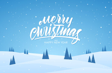Wall Mural - handwritten elegant modern brush lettering of merry christmas on blue winter background.
