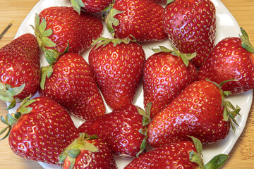 Wall Mural - Fresh strawberry from berry farm in the bowl closeup. Concept of a vegan breakfast.