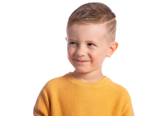 Wall Mural - The skeptical suspicious look of a child. Portrait of a beautiful European boy 6 years old on a white background. Children's emotions.