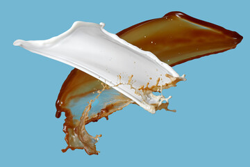 Wall Mural - Mix of coffee and milk splash isolated on blue background. Close up. Liquid collision