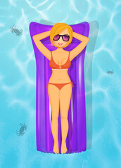 Wall Mural - illustration of blonde girl sunbathes lying on the mattress at the sea