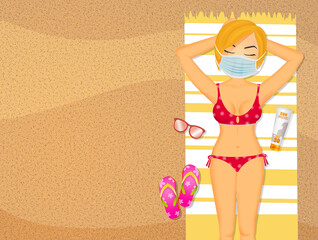 Poster - girl sunbathes with surgical mask