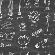 Collection Of Hand-drawn Vegetables On The Blackboard. On The Blackboard. Seamless Background. Vector Illustration.