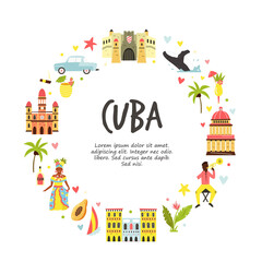Wall Mural - Tourist poster with famous destinations and landmarks of Cuba. Explore Cuba concept image.
