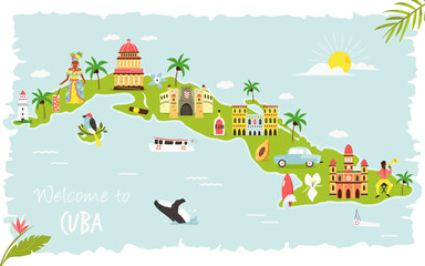 Wall Mural - Bright illustrated map of Cuba with symbols, icons, famous destinations, attractions.
