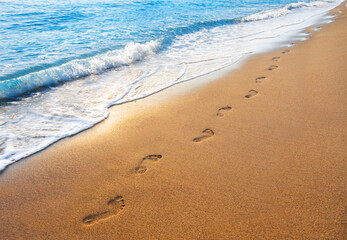 Wall Mural - footprints on tropical beach and beautiful wave