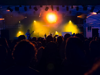 Wall Mural - Concert crowd point of view in front of a lit stage for a night festival