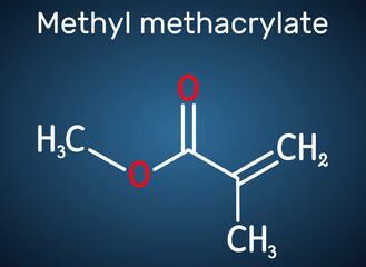 Sticker - Methyl methacrylate, MMA molecule. It is methyl ester of methacrylic acid, is monomer  for the production of poly(methyl methacrylate). Dark blue background. Vector illustration