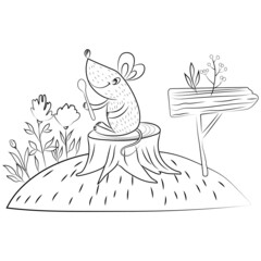 Coloring page. Cartoon cute mouse on a stump illustration. Childish design for kids activity colouring book about mice, snail, forest. Colorless illustration for book cover. Freehand sketch