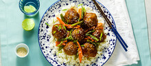 Banner Of Meatless Vegan Asian Meatballs In Sweet And Sour Sauce With Rice And Stewed Vegetables. Balanced Lunch Or Healthy Dinner. Street Food
