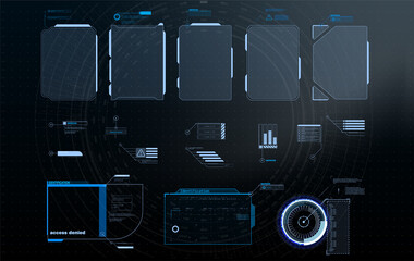 Poster - HUD, UI, GUI futuristic frame user interface screen elements set. Set with call outs communication. Abstract control panel layout design. Virtual hi Scifi technology gadget interface for game app